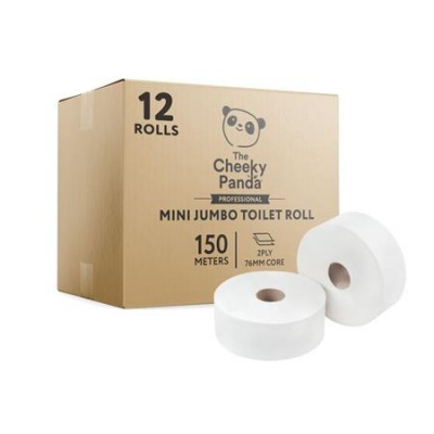 Toalettpapír, bambusz, 2 rétegű, nagytekercses, 18 cm átmérő, 150 m/tekercs, 12 tekercs, CHEEKY PANDA, fehér